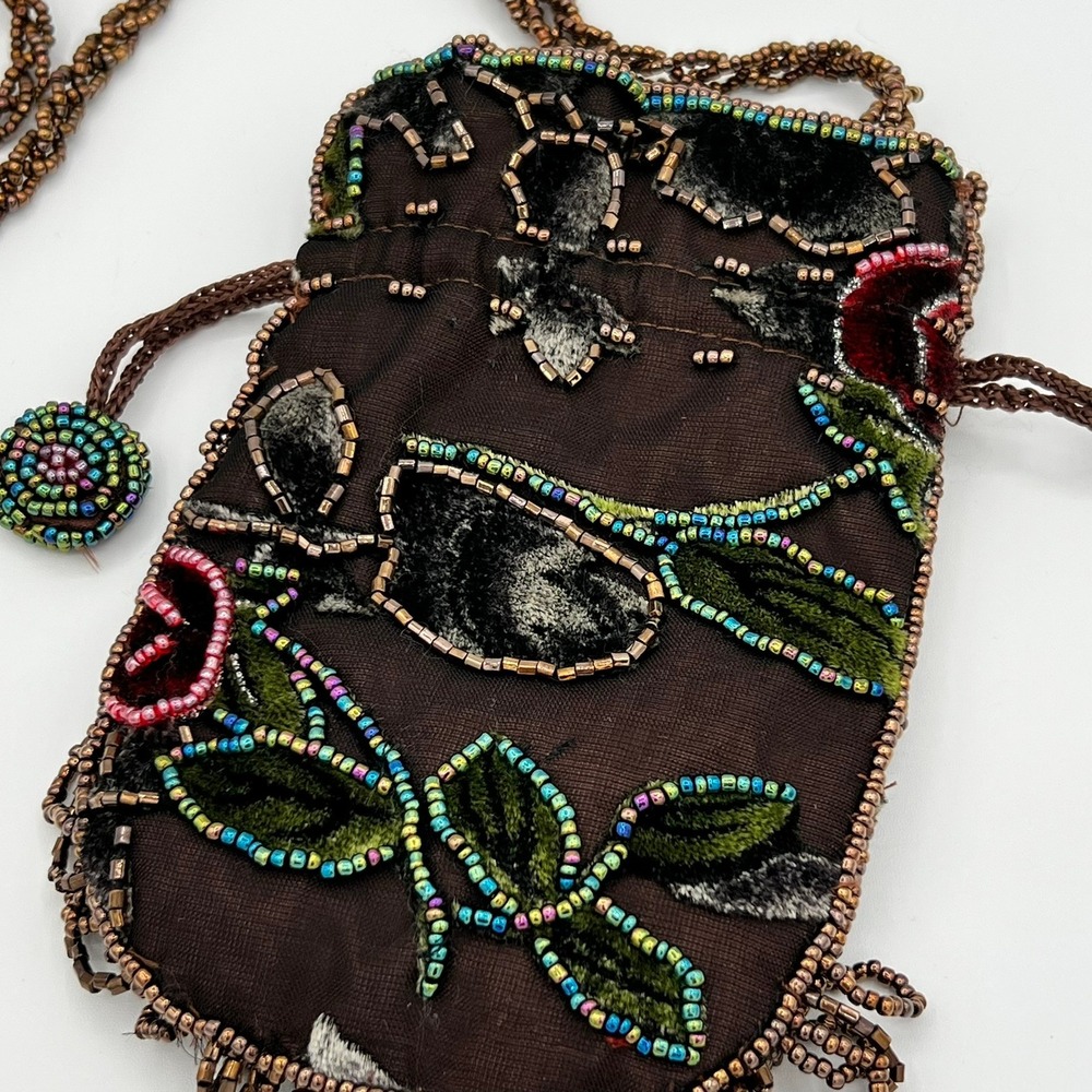 Vintage Style Velvet Floral Beaded Drawstring Pouch Brown Crossbody Fringe Small - Picture 2 of 8